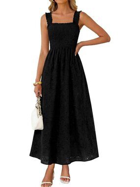 Women's Black Boho Sleeveless Square Neck Cotton Flowy Long Maxi Dress